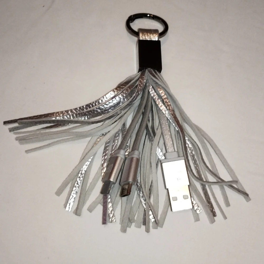 Multi Charger Cable Silver Leather Tassel Keychain UBS Micro USB & iPhone NWOT
